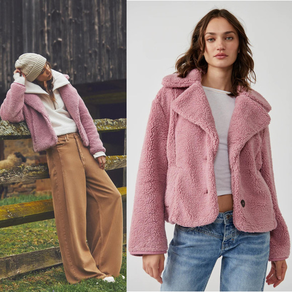Free People Joplin Cozy Sherpa Faux Fur Teddy Jacket NWT Smoked Pink Medium $198 - Picture 1 of 6